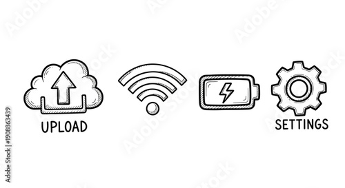 Hand-drawn vector illustration showcasing connectivity, settings, and battery charging status