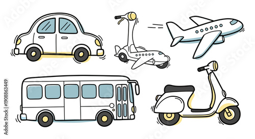 Collection of cute cartoon transportation vehicles illustrations representing transport diversity