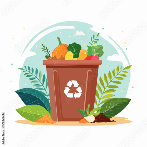 Organic waste recycling concept with compost bin surrounded by lush greenery and vegetables