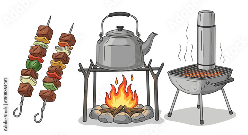 Illustrated campsite scene with skewers campfire kettle and thermos for outdoor cooking