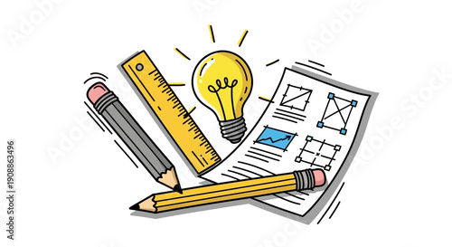 Creative process illustration showcasing brainstorming idea generation and architectural design