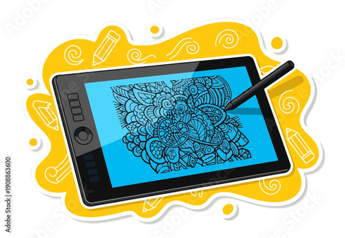 Digital artist creating intricate design on modern graphics tablet with stylus