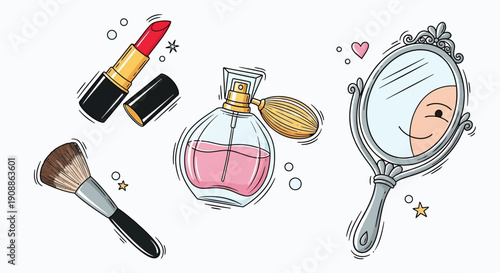Charming Cartoon Illustration of Beauty Essentials: Lipstick, Perfume, Brush, and Mirror for a