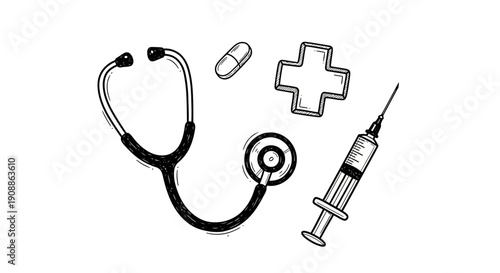 Hand-drawn medical equipment illustration with stethoscope syringe pill and cross concept