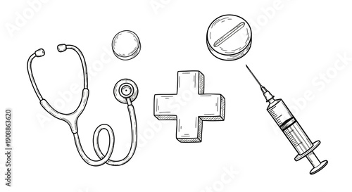 Monochrome Hand Drawn Medical Icons: Stethoscope, Pills, Syringe and Plus Sign