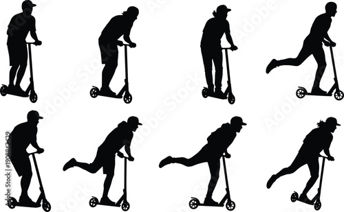 Kick scooter rider silhouette set in dynamic motion poses isolated on white background, urban youth vector illustration collection