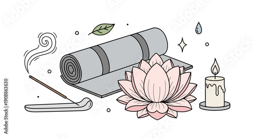 Zen moments of peace and mindfulness a yoga mat accompanied by a lotus flower candle and incense