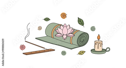 Illustration of a yoga mat with a lotus flower, candle and incense sticks promoting relaxation