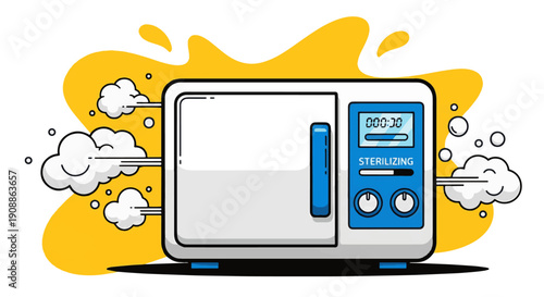 Modern autoclave sterilizer with digital display and steam clouds