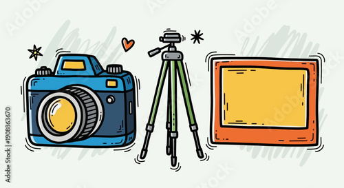 Playful hand-drawn photography equipment including camera tripod and picture frame illustration