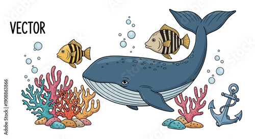 Whimsical Undersea Vector Illustration of Whale, Fish, Coral, and Anchor with Bubble Accents