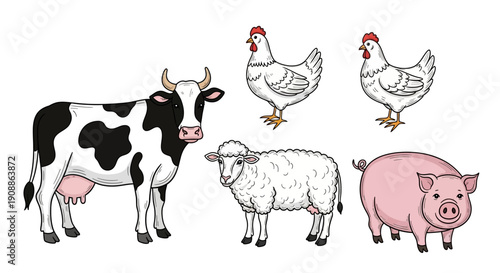 Farm animals vector illustration featuring cow chicken sheep and pig on white background