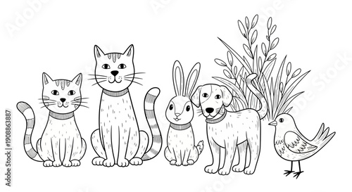 Line art illustration featuring a group of friendly animals cat dog bunny and bird in nature