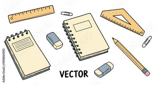 Illustration of school supplies including notebooks rulers erasers and a pencil creating a school