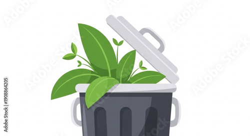 Green plant emerging from a dark gray trash can with open lid