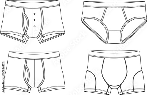 Men's underwear technical sketch collection featuring vector line art of various styles including boxer briefs and classic trunks for apparel design.