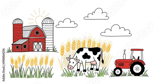 Charming farm scene with a red barn, cow, wheat field and tractor under a sunny sky