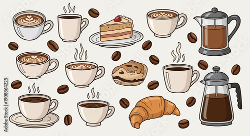 Hand-drawn Coffee and Pastries Seamless Pattern Featuring Coffee Cups French Presses and Coffee