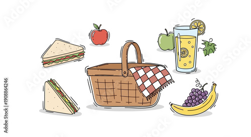 Delightful picnic illustration showcasing a basket surrounded by various food items and a