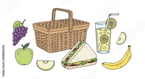 Illustration of a delightful picnic arrangement with basket sandwich and fresh fruits conveying a
