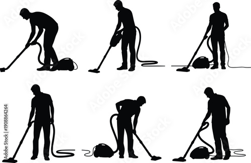 Vacuum cleaning worker silhouette set in different poses isolated on white background, professional housekeeping vector illustration collection