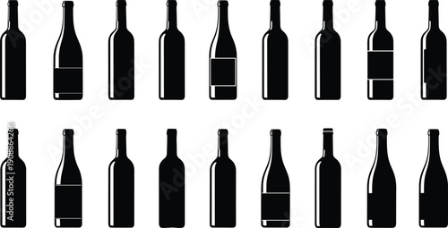 Wine bottle silhouette collection with different shapes and labels isolated on white background, alcohol beverage vector illustration set