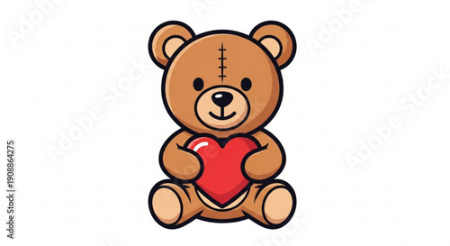 Cute brown teddy bear holding red heart with stitched forehead and smiling face