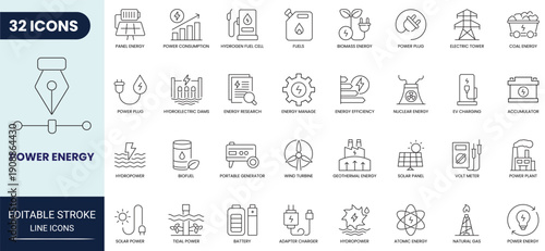 Power energy line icon set. Includes battery, solar panel, natural gas and more. Editable stroke. Vector illustration.