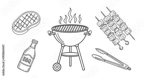 Hand-drawn illustration of barbecue with steak, skewers, sauce, grill, and tongs for outdoor cooking