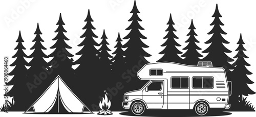 Black and white vector illustration of a camper van and tent at a campsite in a pine forest with a campfire for outdoor adventure and travel branding.