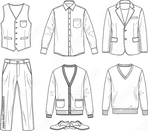 Classic mens formal wear clothing collection featuring hand drawn line art vector illustrations of suit blazer vest dress shirt trousers and cardigan.