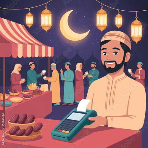 Ramadan Market with Contactless Payment and Traditional Islamic Atmosphere