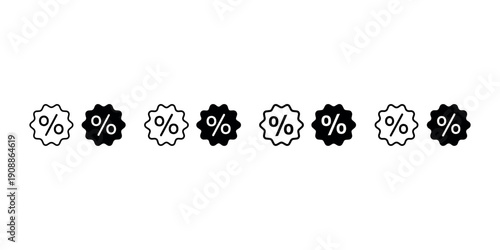 Set of eight starburst percentage icons in black and white representing discounts promotions and special offers for marketing sales