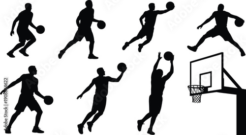 Set of basketball player silhouettes in various action poses including dribbling jumping shooting and dunking with hoop for sports and athletic competition.