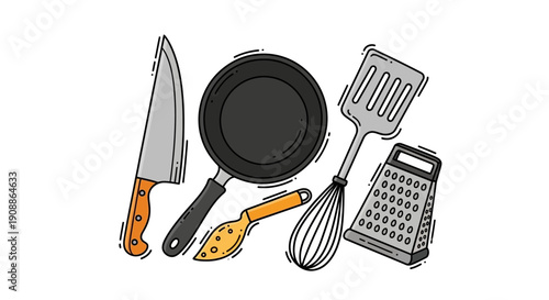 Cartoon illustration showcasing essential kitchen tools and utensils for cooking preparation