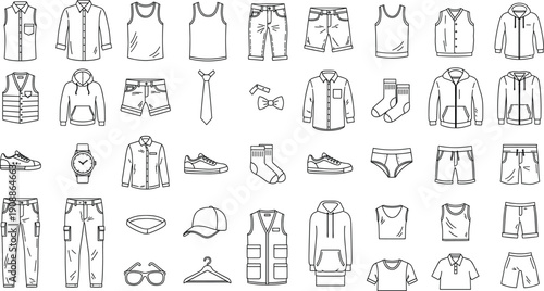 Mega collection of minimalist menswear icons featuring casual shirts hoodies shorts trousers sneakers socks and various fashion accessories in vector.