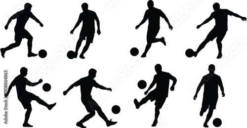 Eight soccer player silhouettes in dynamic poses, dribbling, kicking, controlling ball, sports vector illustration for football training, athletic motion, game design