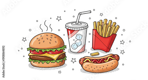 Delicious Fast Food Feast: Cartoon Illustration of Burger, Fries, Soda, and Hotdog