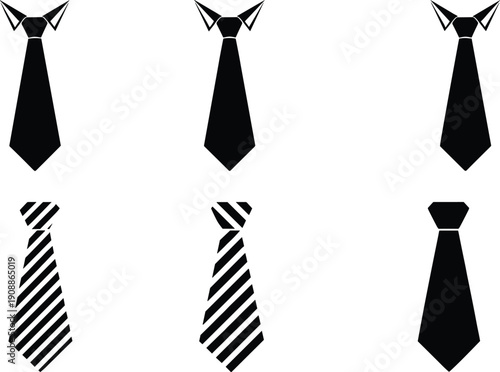 Professional necktie silhouette vector set featuring various classic designs striped patterns and formal business ties for mens fashion apparel.