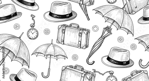 Vintage hand drawn seamless pattern background with retro travel suitcases umbrellas fedora hats and pocket watches in engraved style.