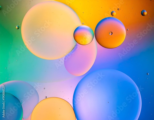 Macro abstract of colorful oil droplets suspended in liquid