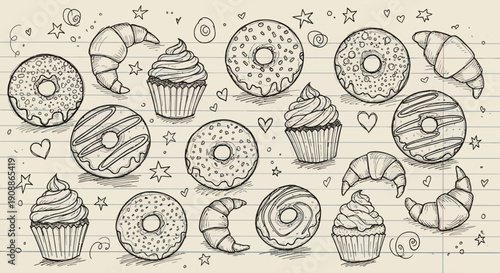 Hand-Drawn Sketch Style Pattern Featuring Cupcakes Donuts and Croissants on Lined Paper