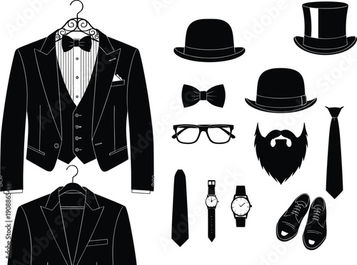 Gentleman lifestyle vector collection featuring formal tuxedo suits top hats bowler hat beard tie glasses and luxury watches silhouettes.