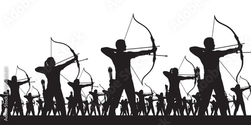 Silhouette of a large group of archers drawing their bows, ready to shoot arrows in unison.