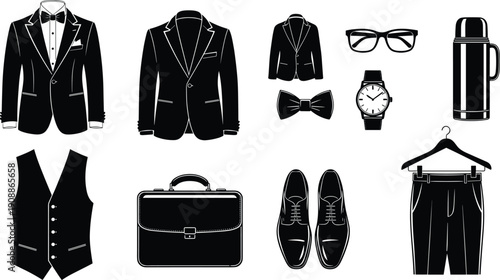 Elegant black silhouette vector collection of formal mens wedding attire featuring tuxedo suit blazer waistcoat leather shoes and briefcase.
