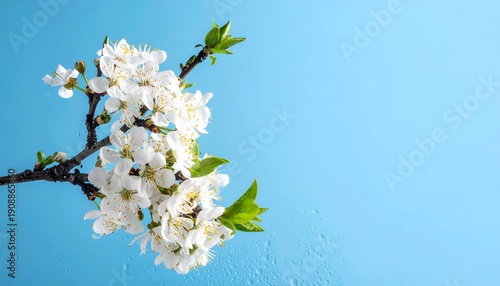 Delicate white blossoms on a branch against a watery blue backdrop