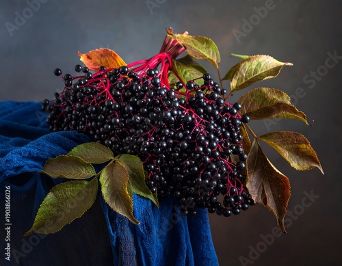 Dark berries on branch, deep blue cloth, autumn leaves