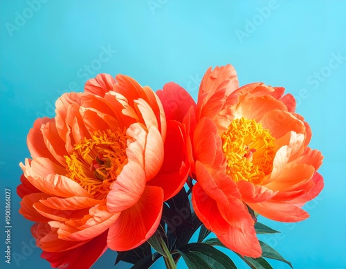 Two vibrant coral peonies against a soft blue sky