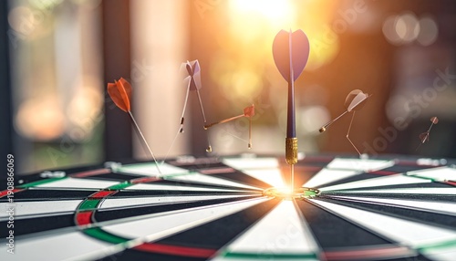 A dartboard with one dart in the bullseye, others missed