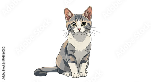 A sitting domestic shorthair cat with a white, gray, and orange coat looks forward.